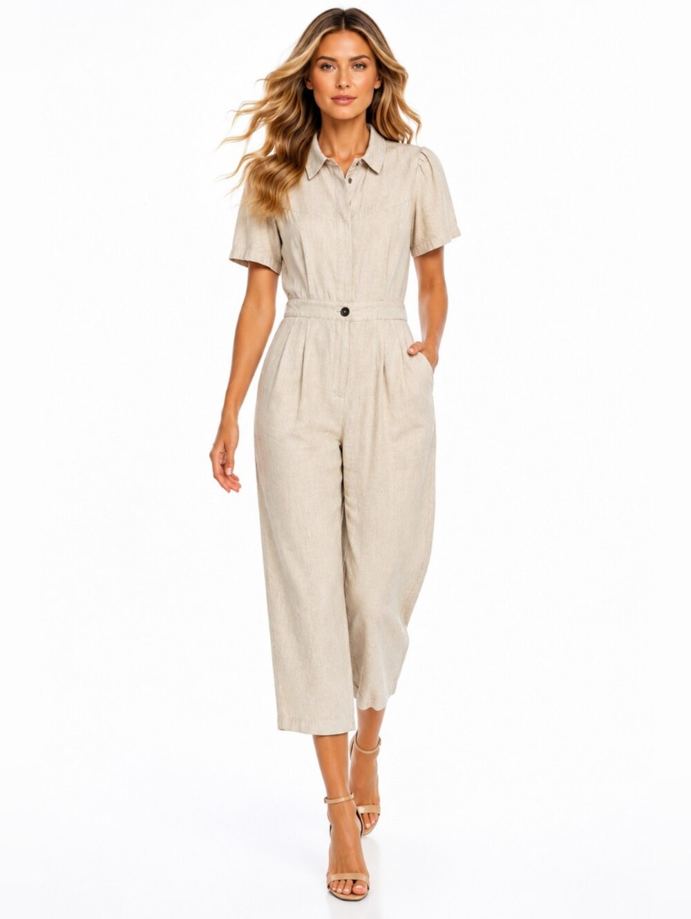 MNG Mango Beige Linen Blend Utility Jumpsuit Size  Small Wide Leg Collared